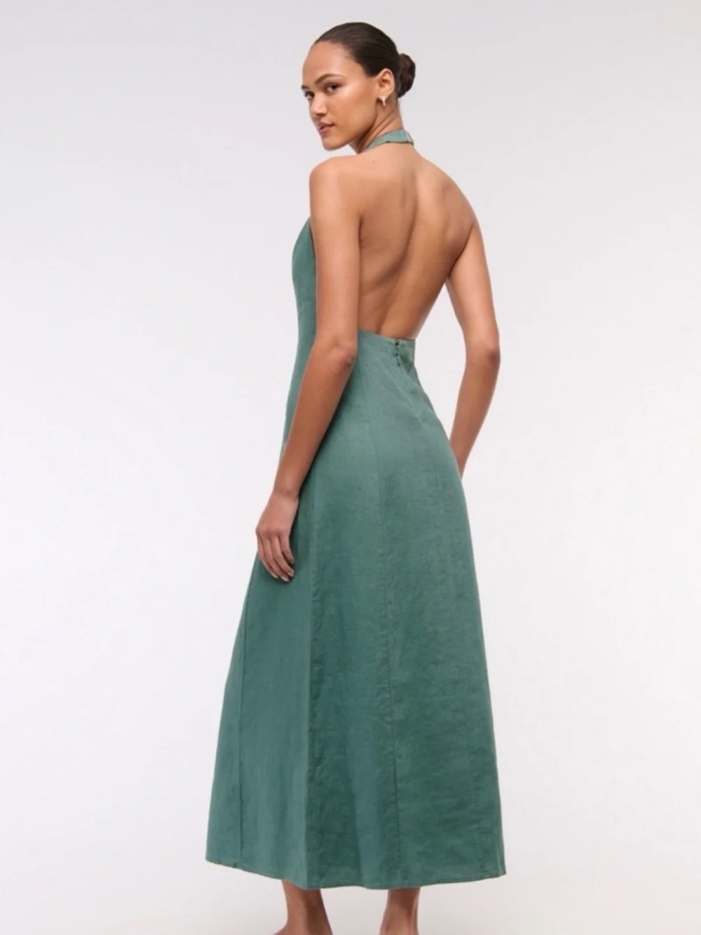 Abercrombie Fitch Premium Linen Maxi Dress High Neck Halter Sage Teal ST